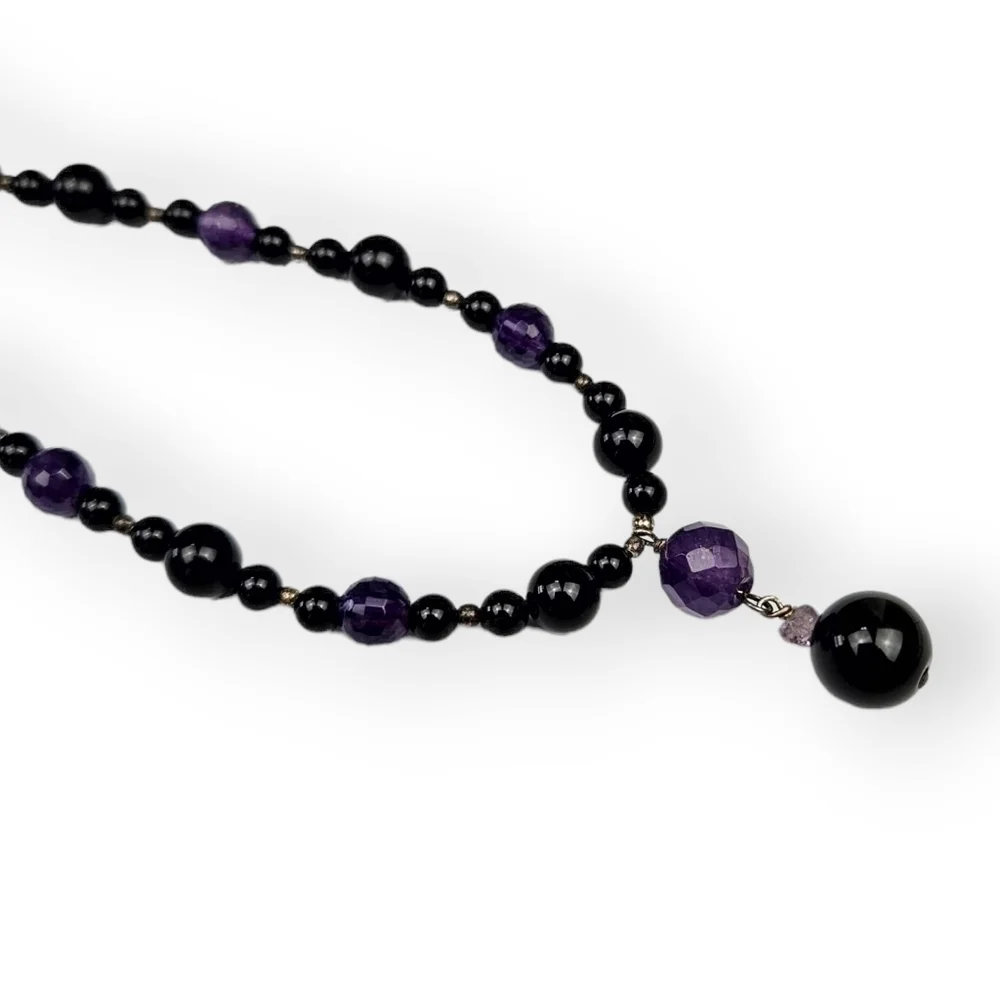 GENUINE Amethyst Beaded Necklace Black Glass Y Pendant 925 Sterling Silver 16.5